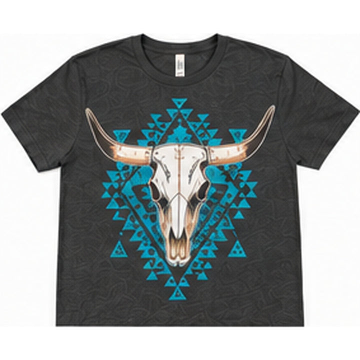 Blue Aztec Bull Skull Pepper Western Graphic Tee white background lay-flat