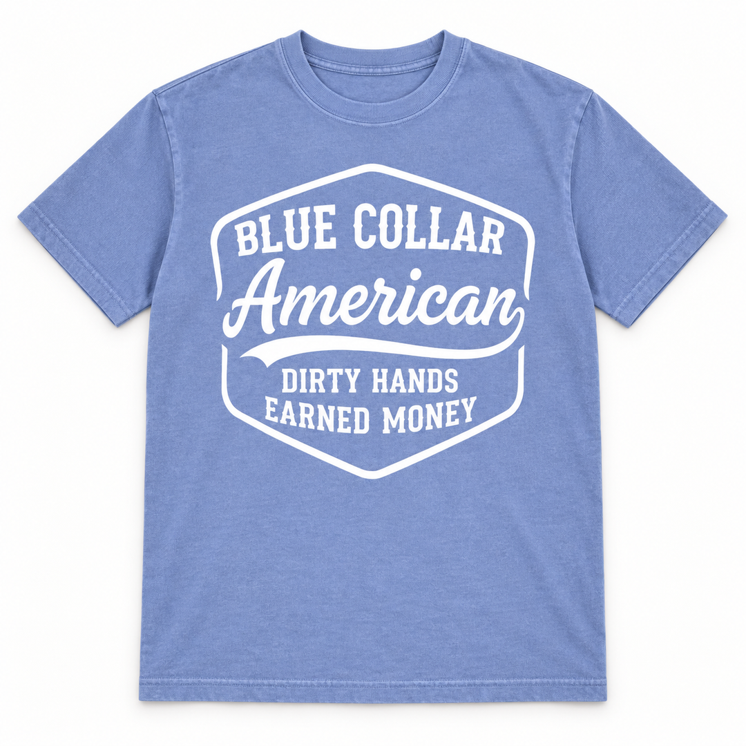Blue Collar American Washed Denim patriotic T-shirt flat product view