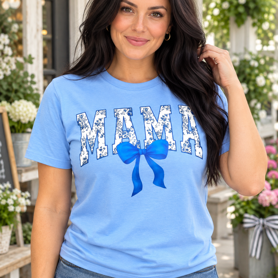 Blue Floral Mama with Bow tee close-up model
