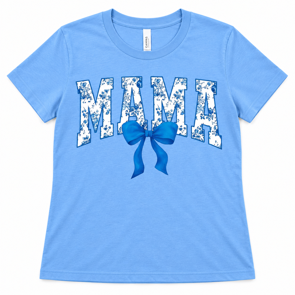 Blue Floral Mama with Bow tee lay-flat on white
