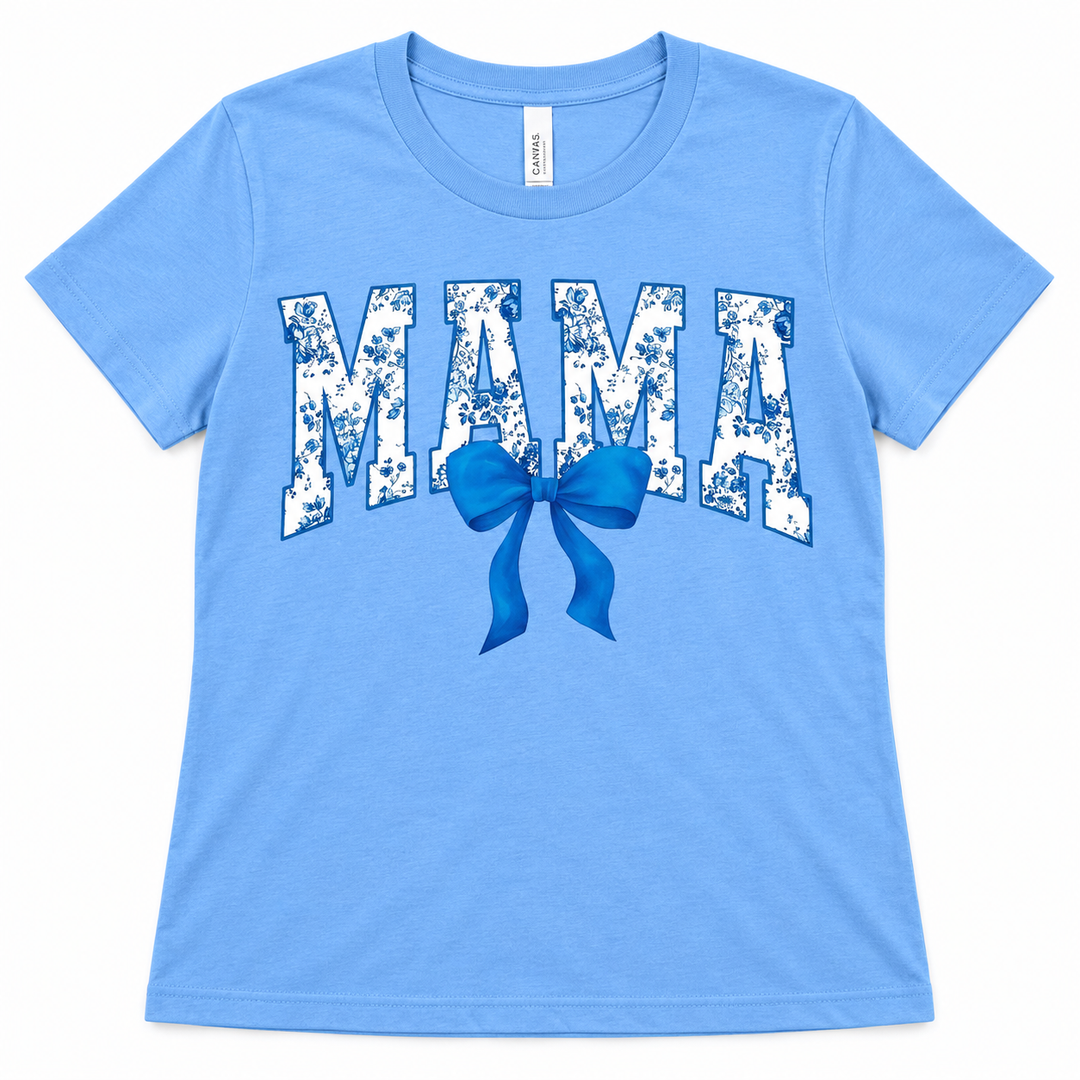 Blue Floral Mama with Bow tee lay-flat on white