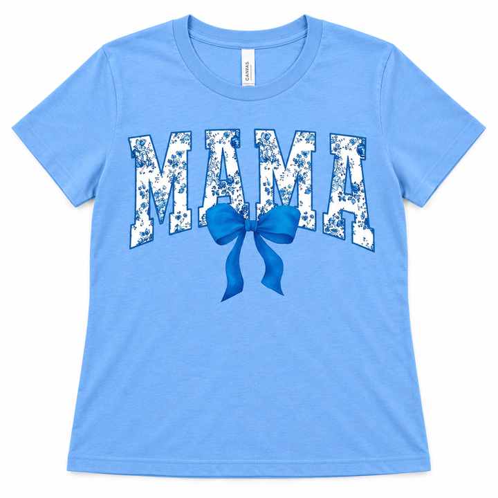 Blue Floral Mama with Bow tee lay-flat on white