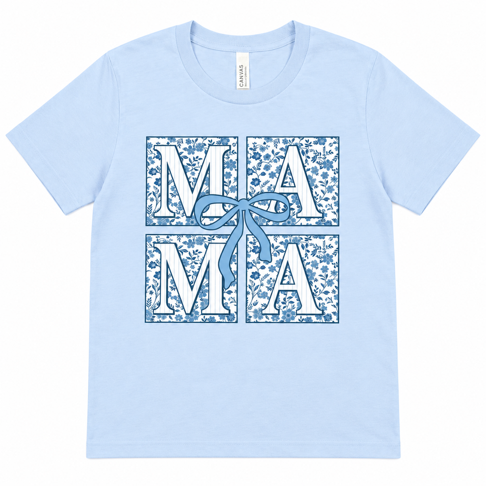 Blue Floral Mama powder blue graphic tee lay-flat on white