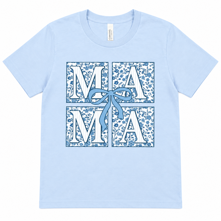 Blue Floral Mama powder blue graphic tee lay-flat on white