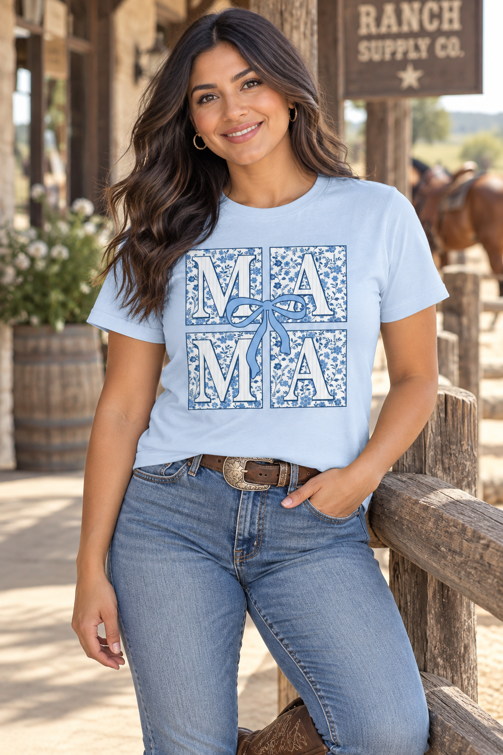 Blue Floral Mama powder blue graphic tee close Western lifestyle