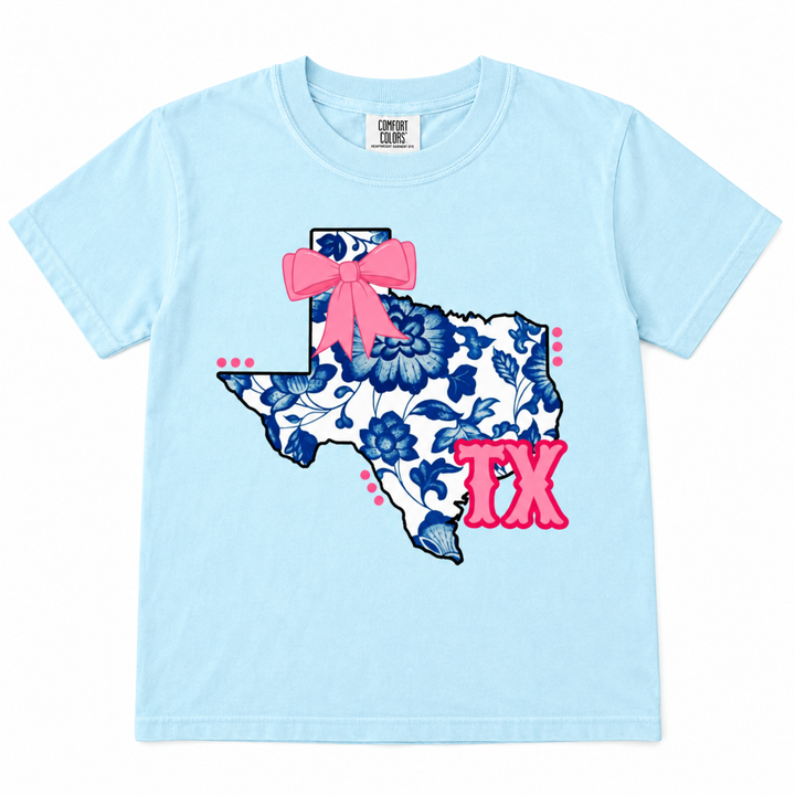 Blue Floral TX State Graphic Tee lay-flat on white background