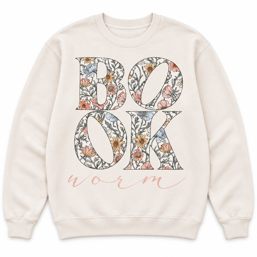 Book Worm floral beige reading crewneck sweatshirt flat product view