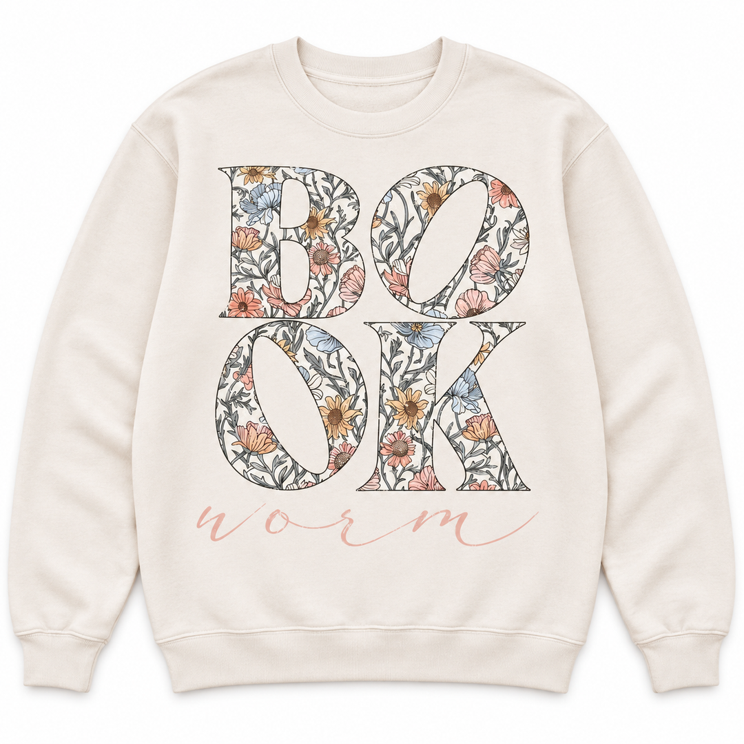 Book Worm floral beige reading crewneck sweatshirt flat product view