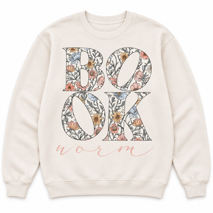 Book Worm floral beige reading crewneck sweatshirt flat product view