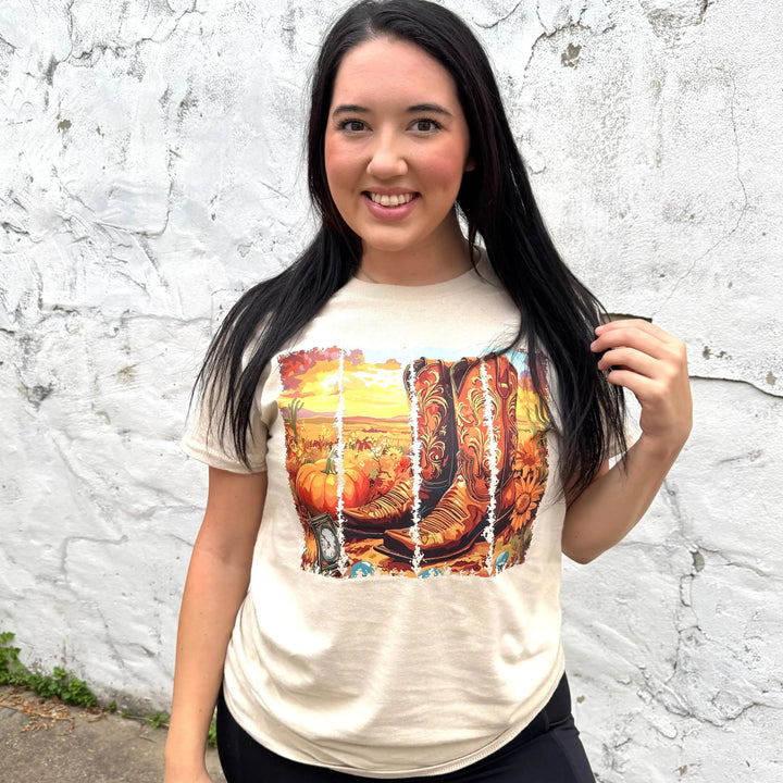 Boot Fall Sunset Sand Western Graphic Tee