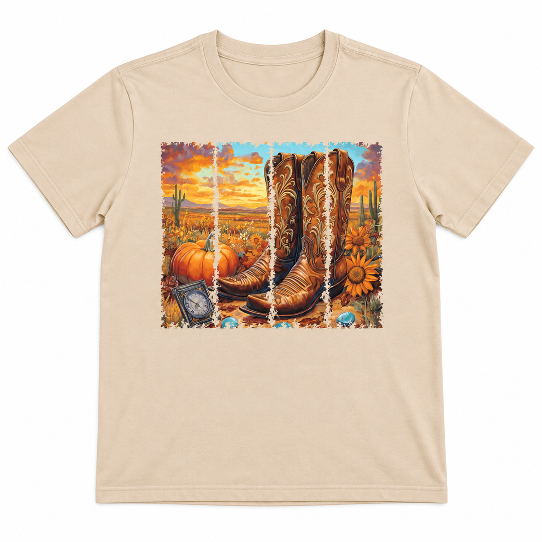 Boot Fall Sunset Sand Western Graphic Tee lay-flat on pure white background