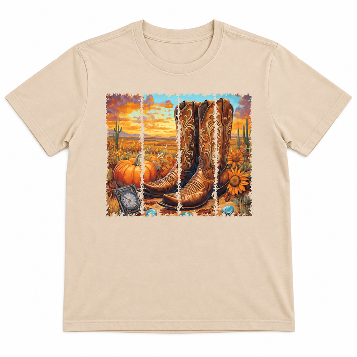 Boot Fall Sunset Sand Western Graphic Tee lay-flat on pure white background