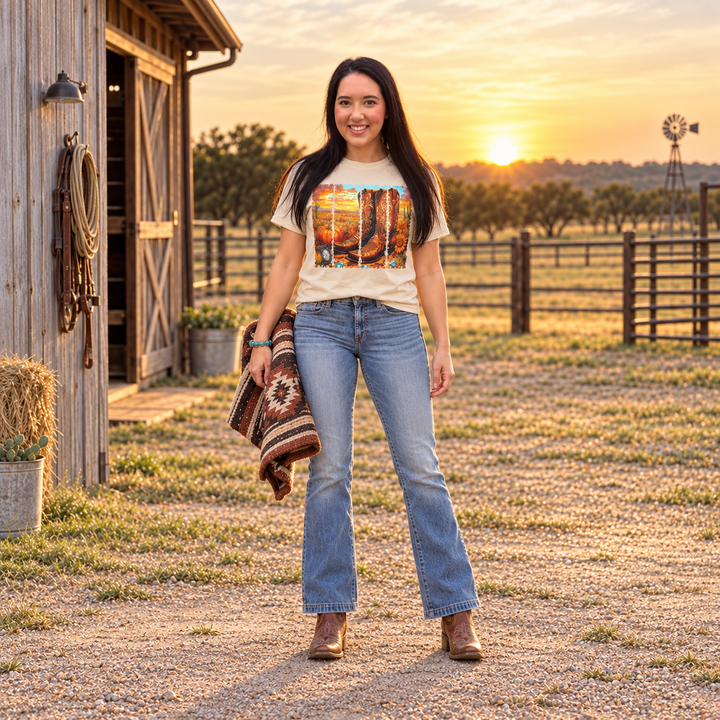 Boot Fall Sunset Sand Western Graphic Tee full-body ranch sunset lifestyle