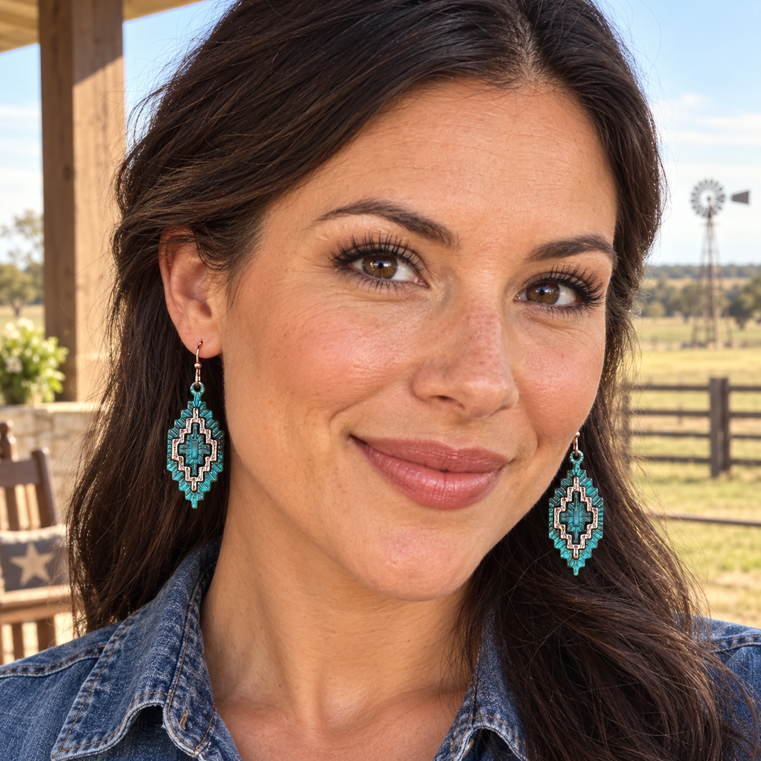Woman wearing Bronc Belle turquoise earrings at a Texas ranch