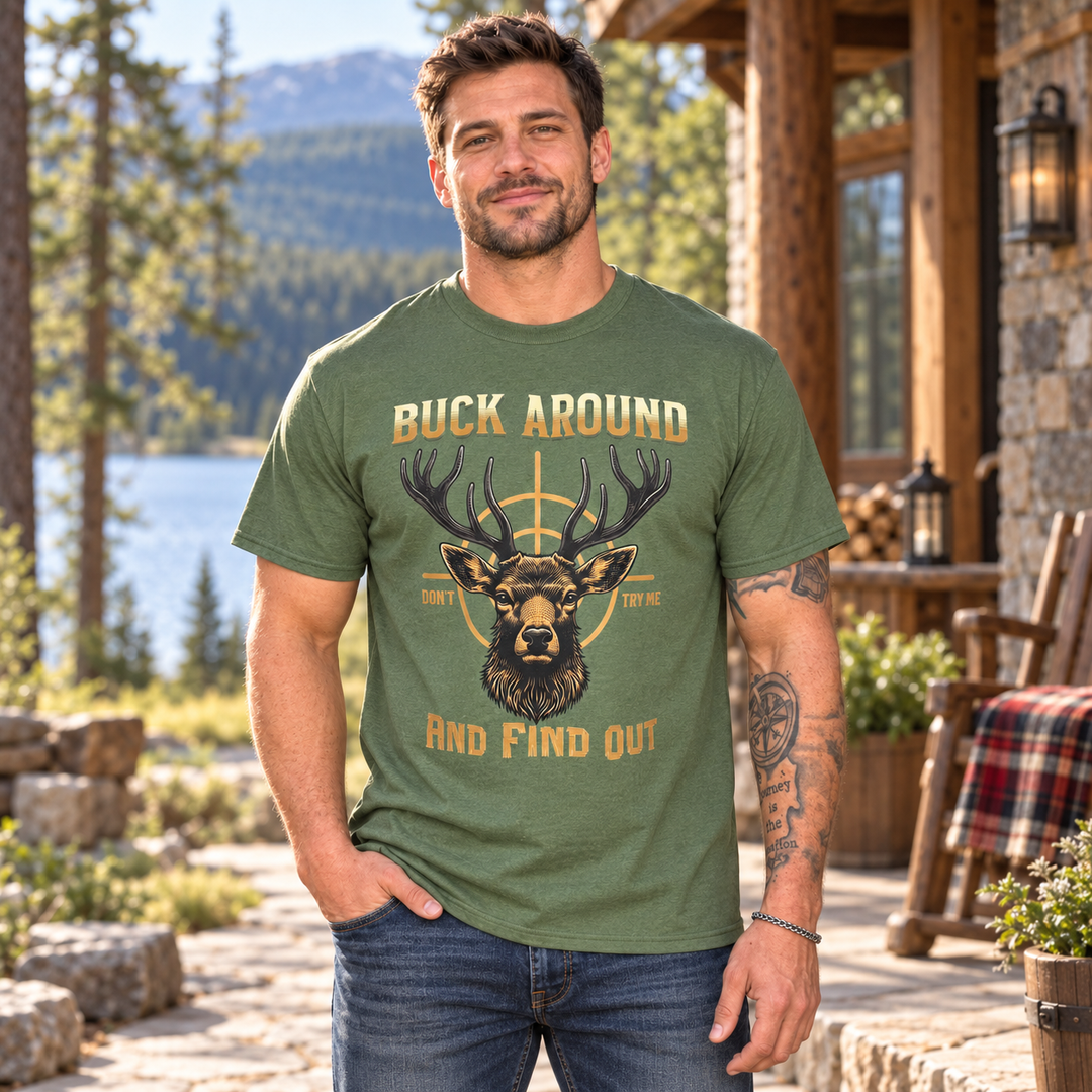 Man wearing Buck Around & Find Out Military Green hunting T-shirt in a rustic lakeside setting