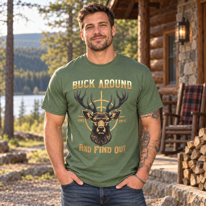 Man wearing Buck Around &amp; Find Out Military Green deer hunting T-shirt