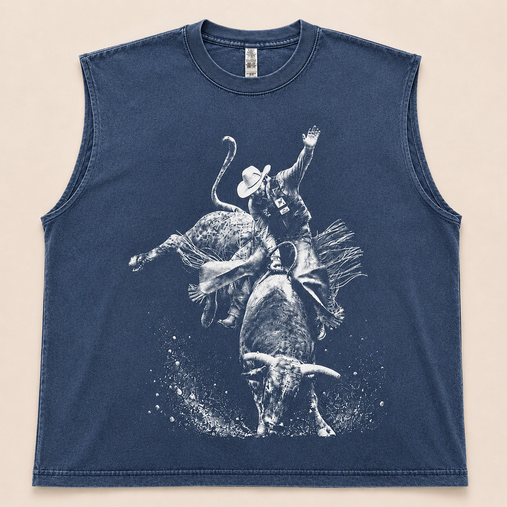 Washed navy Bull Rider Western graphic muscle tank, flat product view