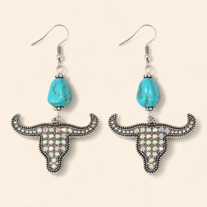 Teal turquoise stone and rhinestone longhorn bull skull western earrings, product view