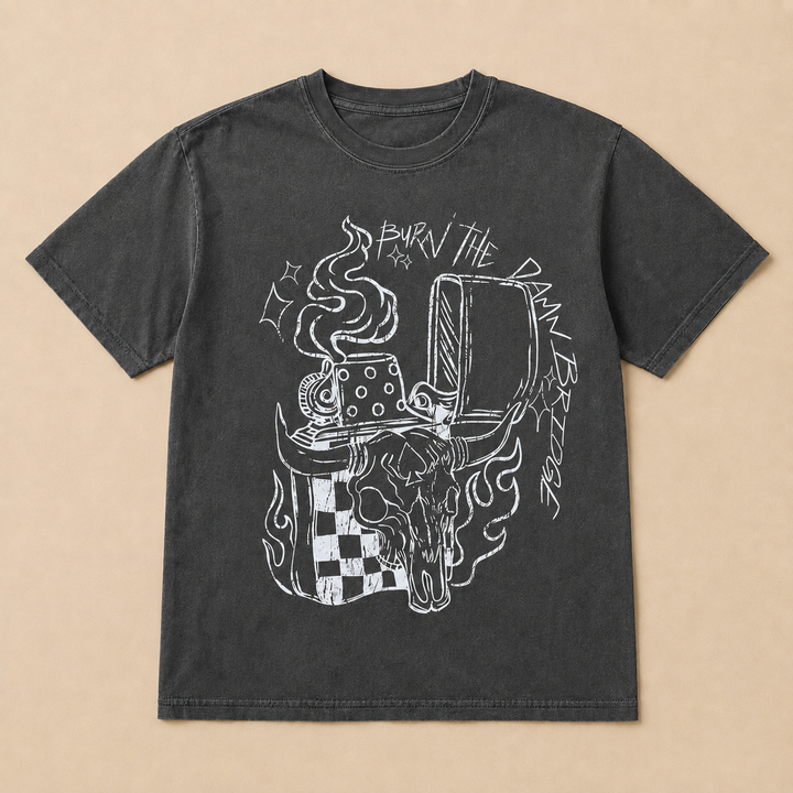 Pepper Burn the Bridge graphic T-shirt with distressed white Western bull skull artwork, flat product view
