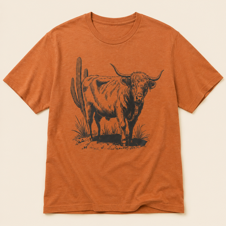 Heather rust Cactus Highland Cow Western graphic tee, flat product view