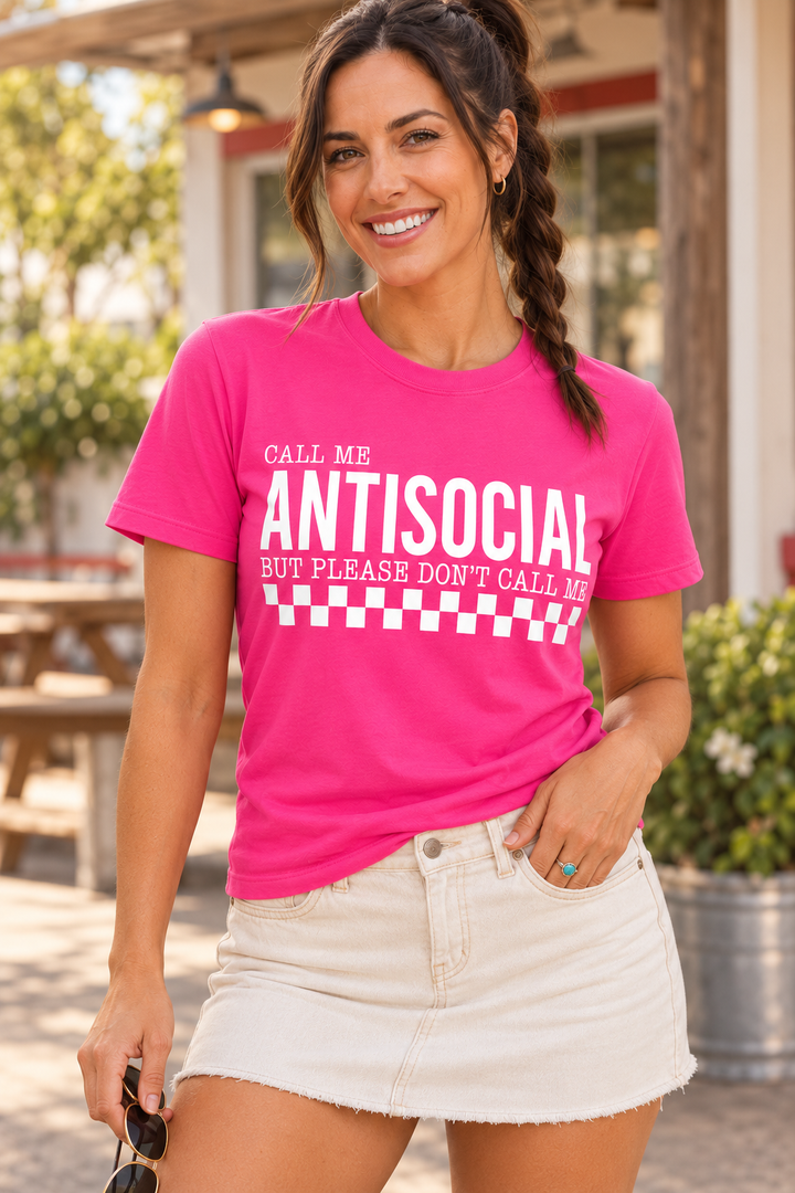 Call Me Antisocial Neon Pink tee close-up model