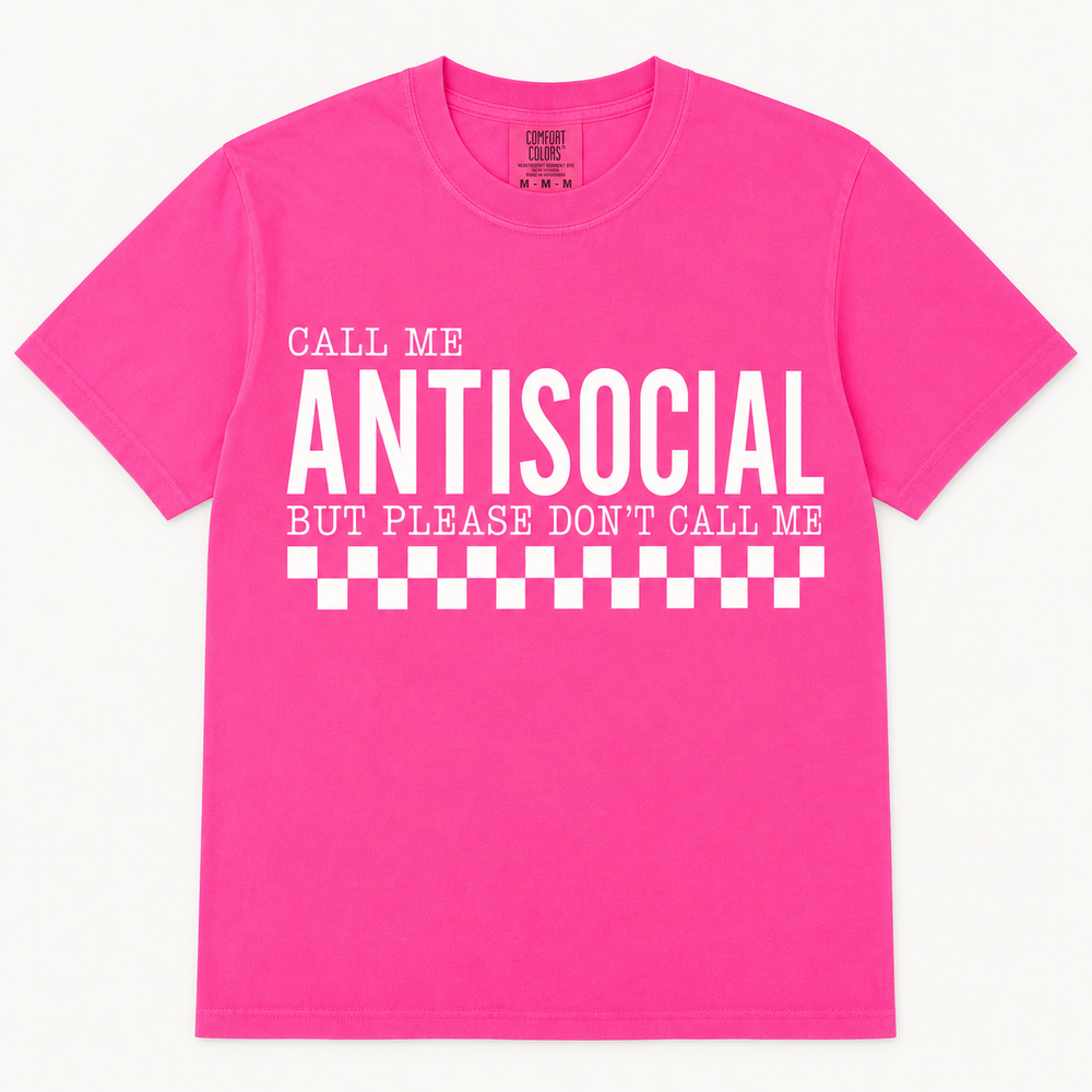 Call Me Antisocial neon-pink funny graphic tee with white checker stripe, front product view