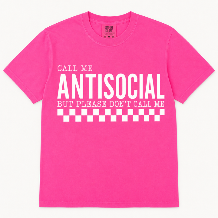 Call Me Antisocial neon-pink funny graphic tee with white checker stripe, front product view
