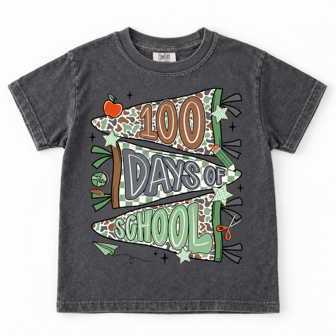Camo 100 Days of School Pepper youth graphic T-shirt flat product view