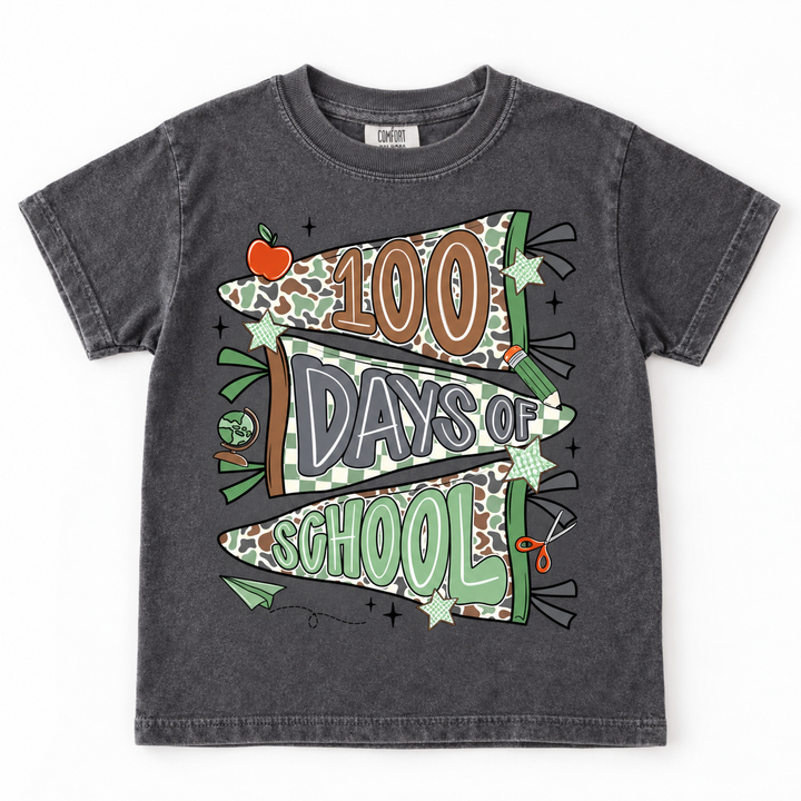 Camo 100 Days of School Pepper youth graphic T-shirt flat product view