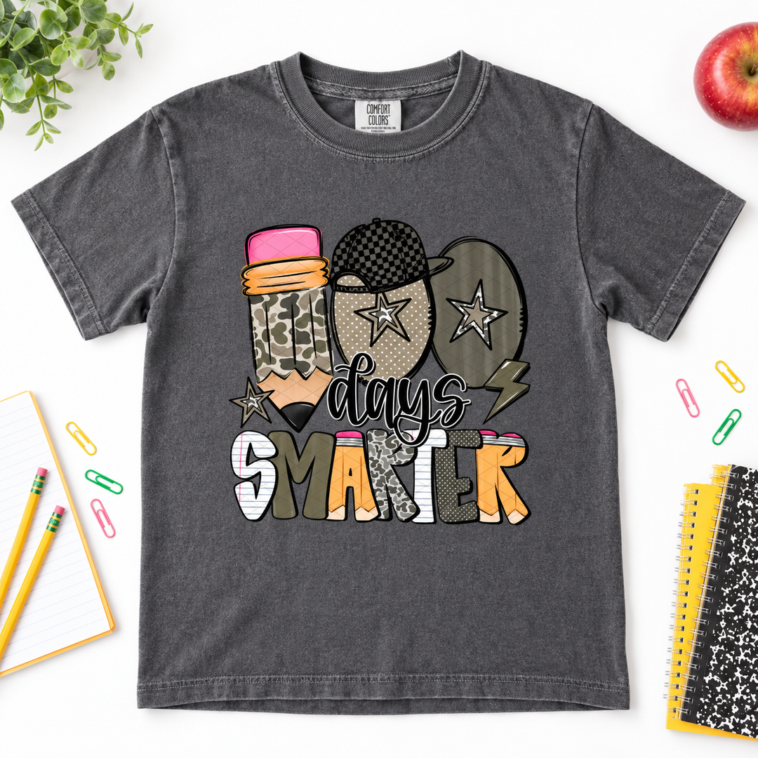 Camo 100 Days Smarter Pepper youth graphic T-shirt flat product view