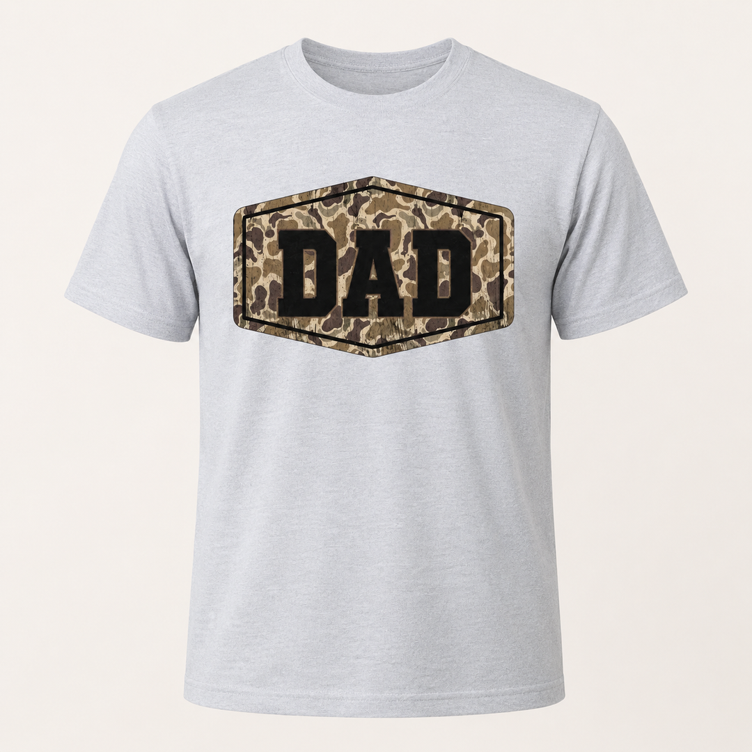 Camo DAD light gray graphic tee with woodland camouflage badge, front product view