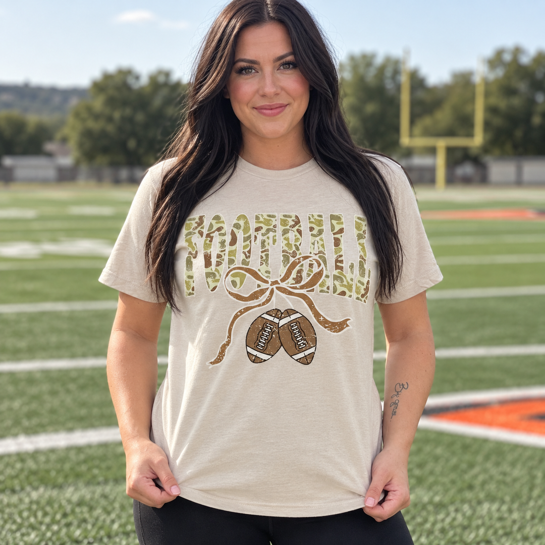 Camo Football Ribbon Sand Game Day Graphic Tee complete-head featured model portrait