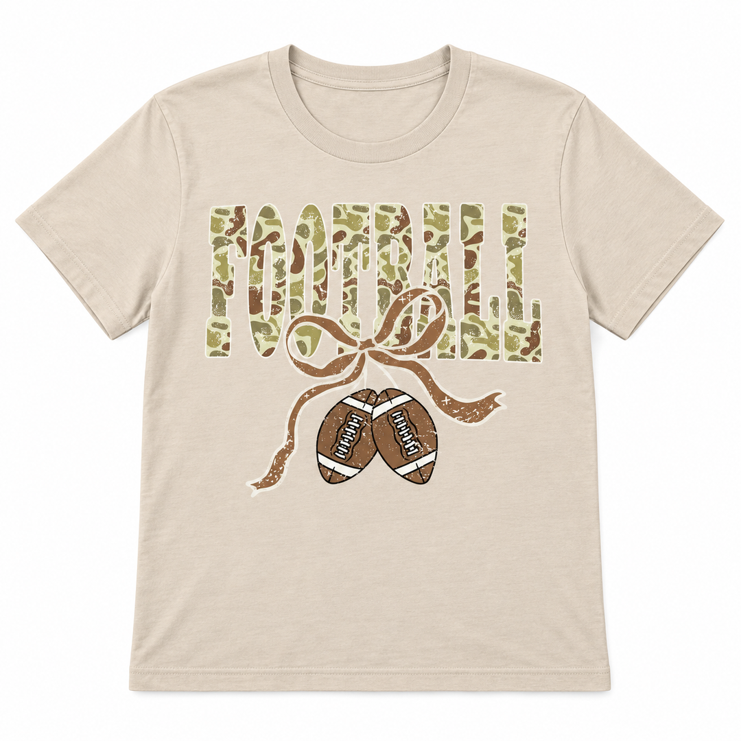 Camo Football Ribbon Sand Game Day Graphic Tee complete lay-flat on pure white background