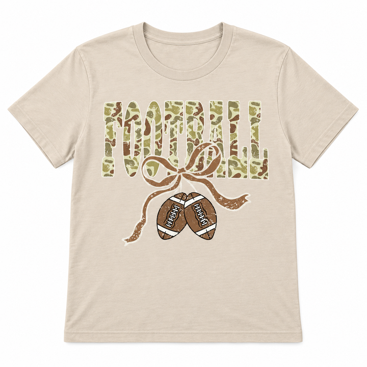 Camo Football Ribbon Sand Game Day Graphic Tee complete lay-flat on pure white background