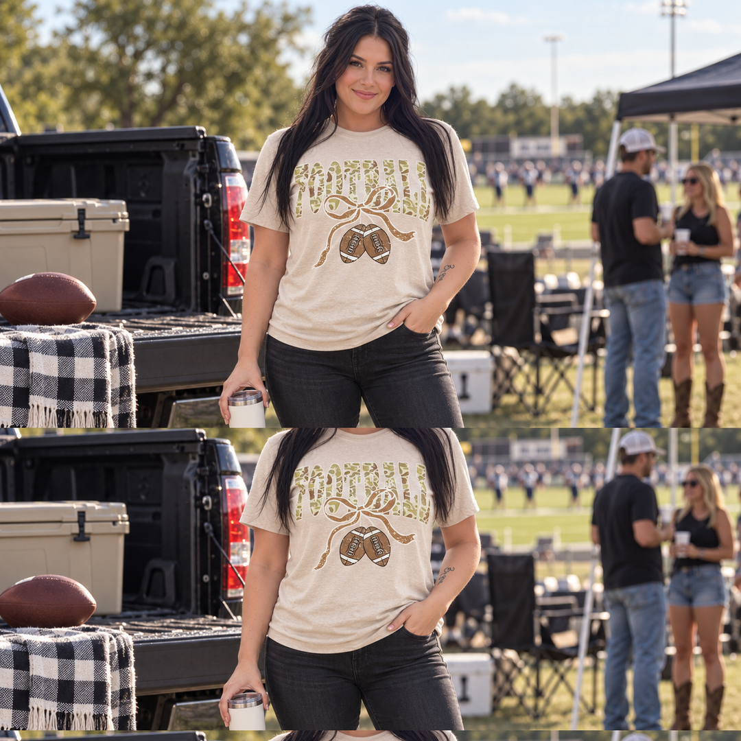 Camo Football Ribbon Sand Game Day Graphic Tee full-body tailgate lifestyle