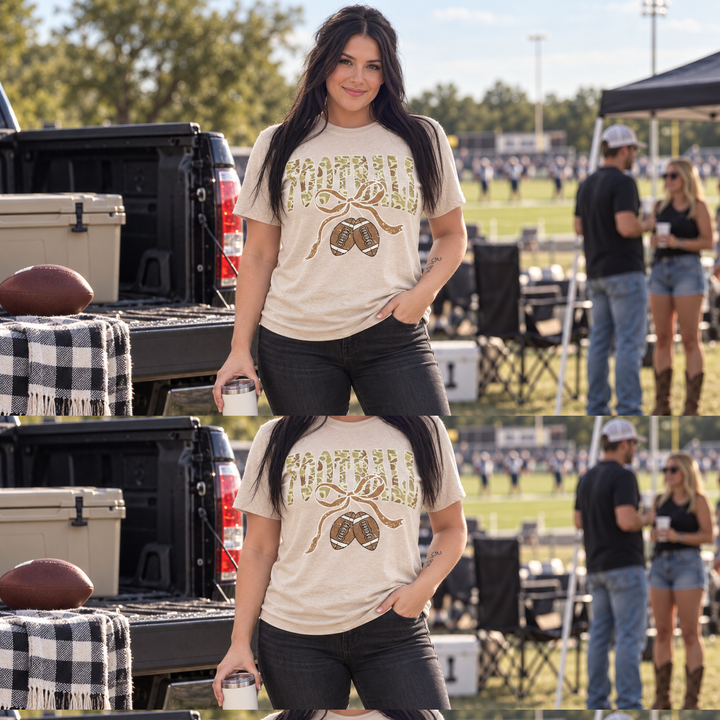 Camo Football Ribbon Sand Game Day Graphic Tee full-body tailgate lifestyle