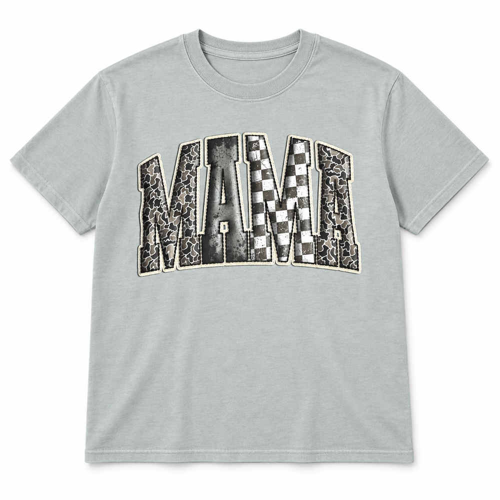 Pale sage camo and checkered MAMA graphic tee on a pure white background