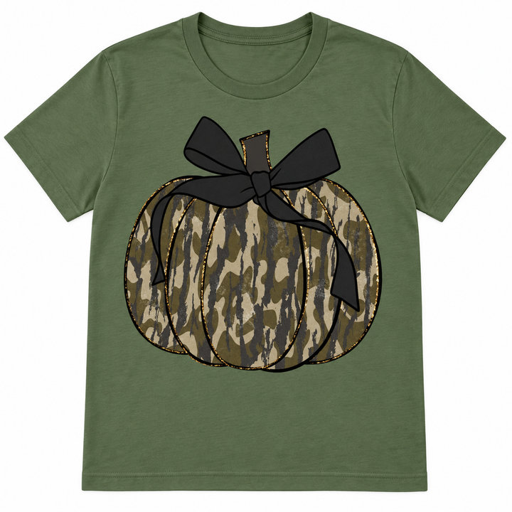 Camo Pumpkin military green graphic tee complete lay-flat on white