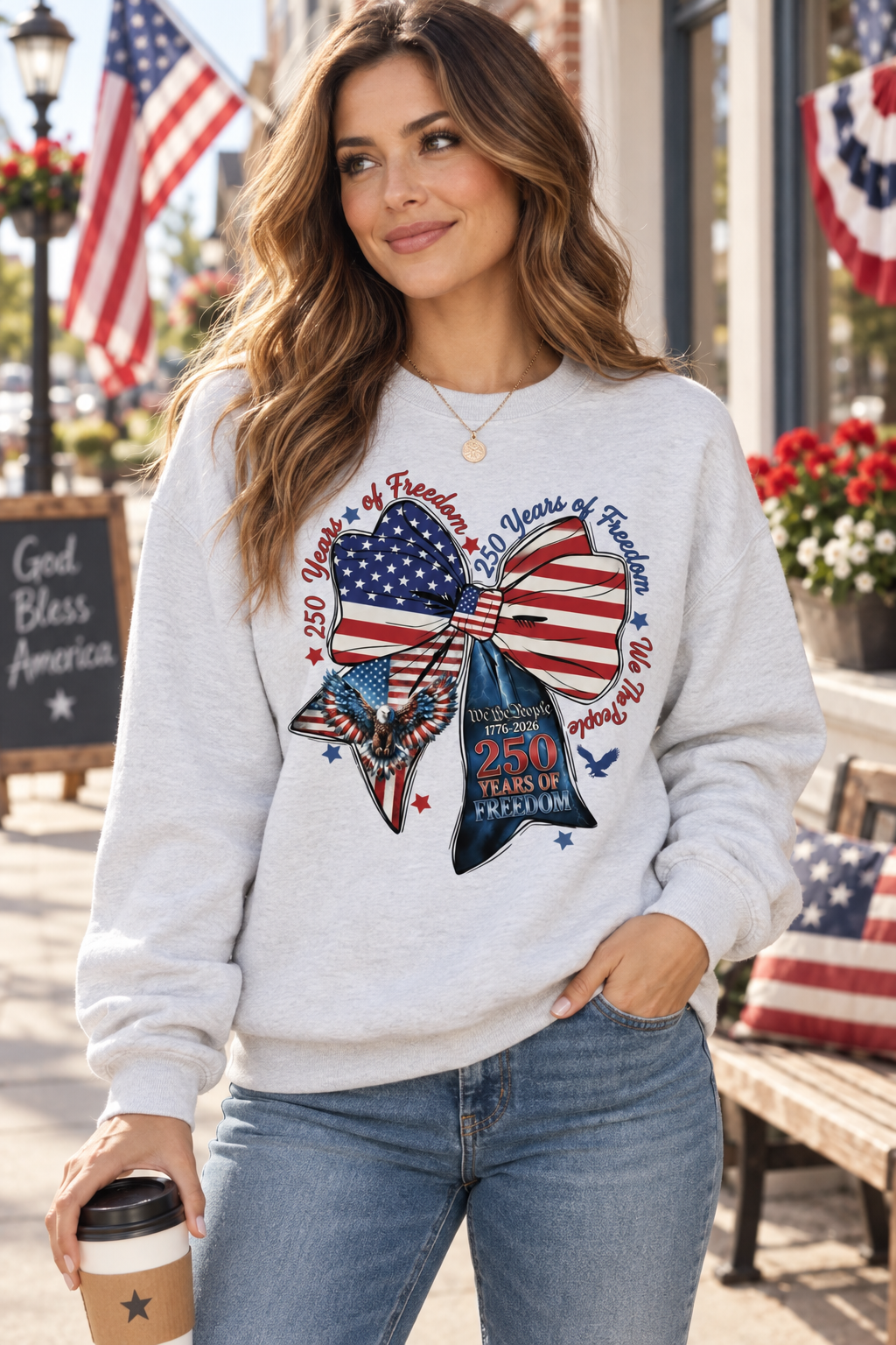 Woman wearing Celebrating 250 Years ash patriotic sweatshirt
