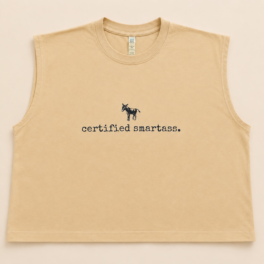 Sand Certified Smartass muscle tank with small donkey graphic, flat product view