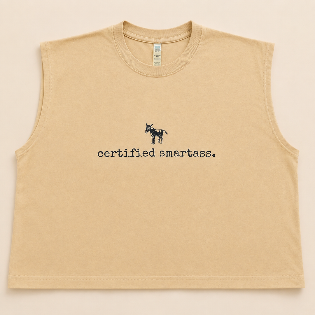 Sand Certified Smartass muscle tank with small donkey graphic, flat product view