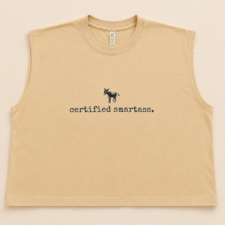 Sand Certified Smartass muscle tank with small donkey graphic, flat product view
