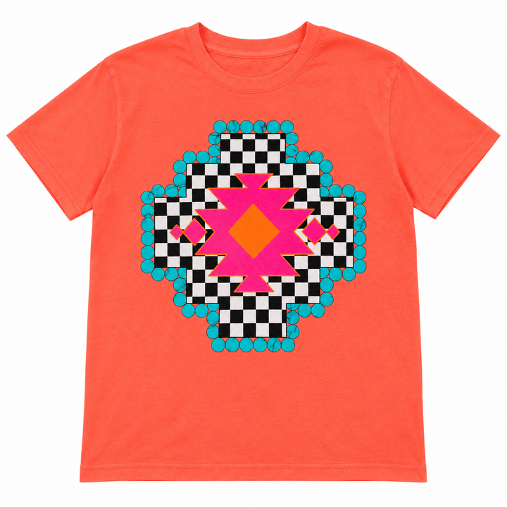 Checkered Aztec neon cantaloupe tee lay-flat on white