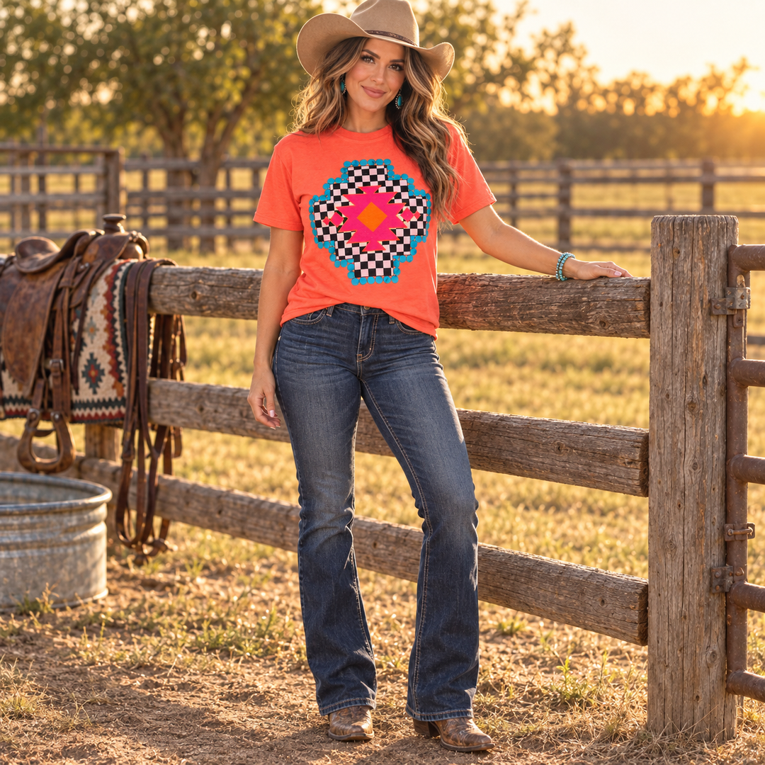 Checkered Aztec neon cantaloupe tee full-body ranch lifestyle