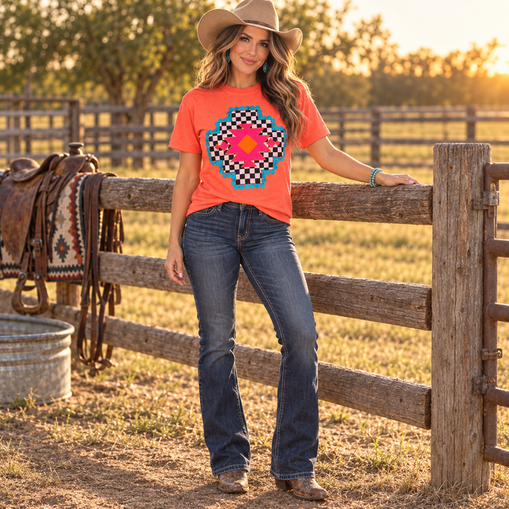 Checkered Aztec neon cantaloupe tee full-body ranch lifestyle