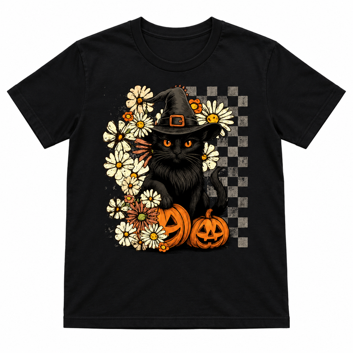 Checkered Black Cat black Halloween graphic tee laid flat on a pure white background