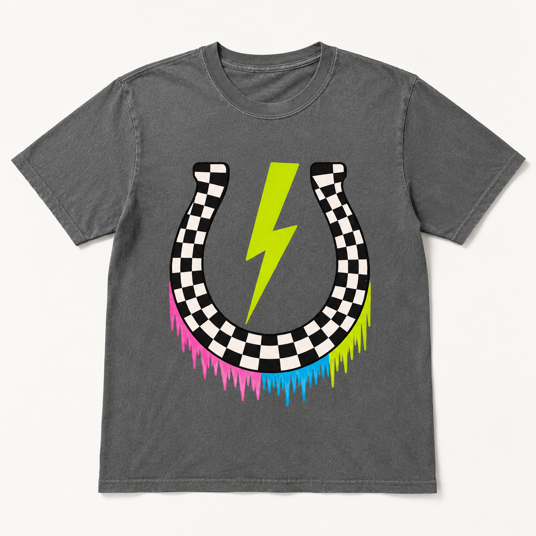 Checkered Bolt Lucky Horseshoe charcoal Western tee on a clean studio background