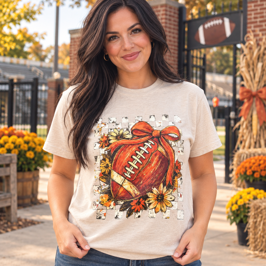 Checkered Floral Football Bow oatmeal game day tee on model