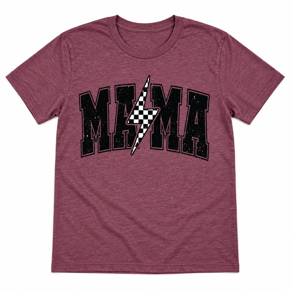 Checkered Lightning Bolt Mama maroon tee lay-flat on white