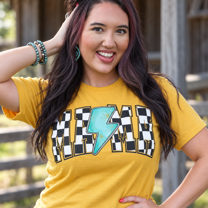 Checkered Mama Turquoise Lightning yellow tee close-up model